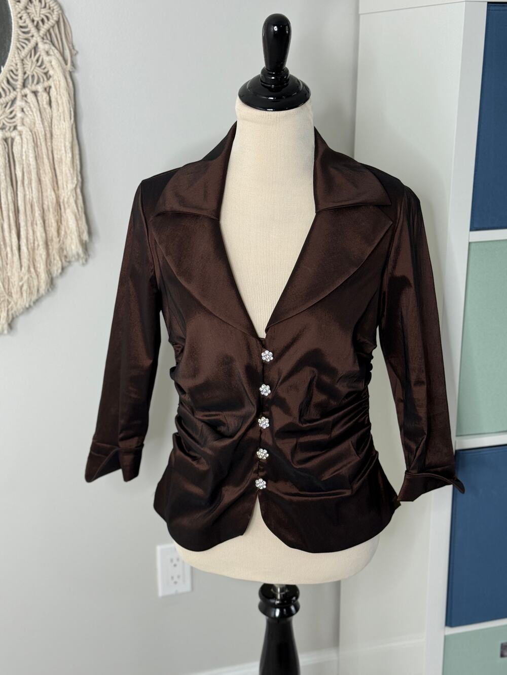 Vintage 1990s Y2K Tadashi Shoji Brown Rhinestone Button Evening Jacket Blazer 12